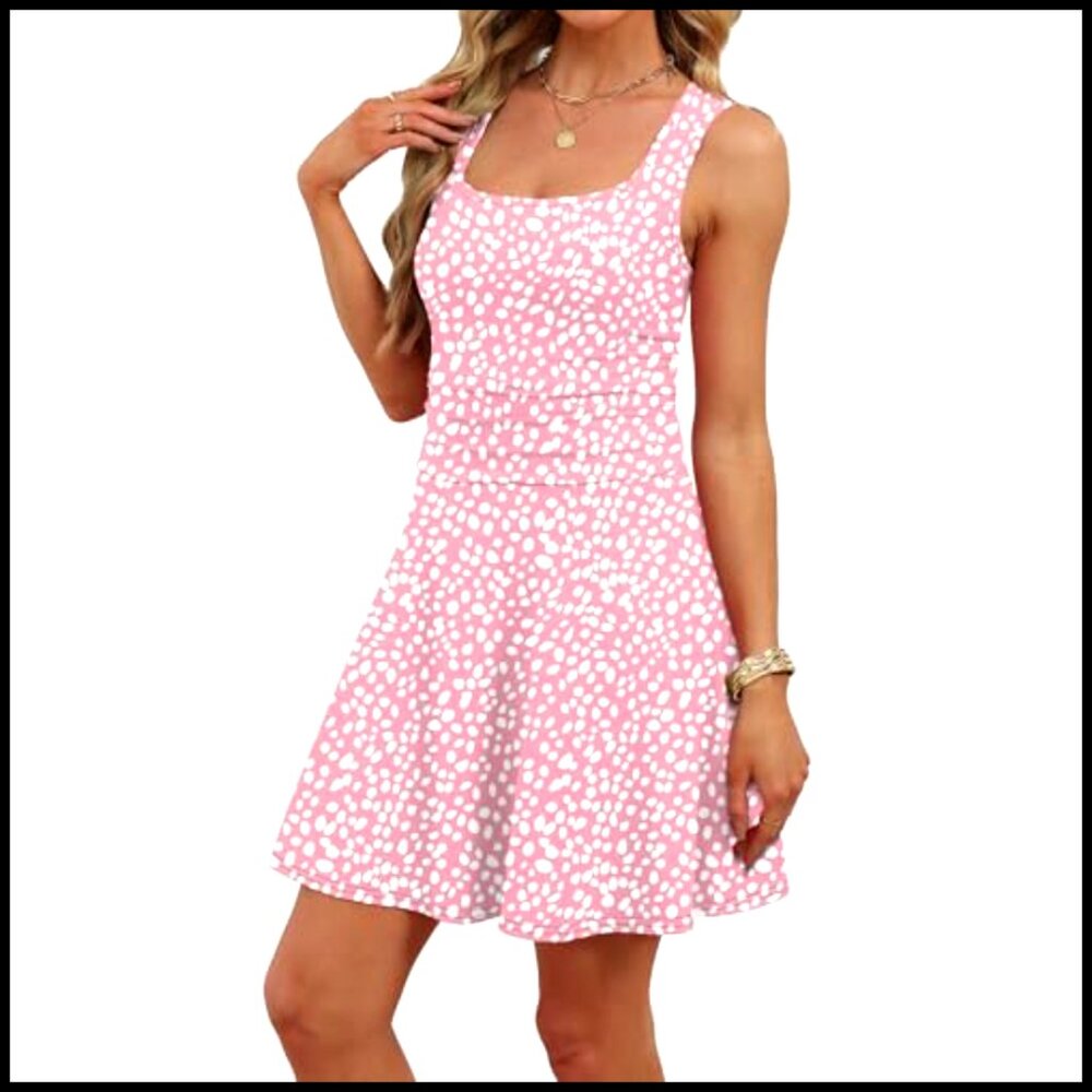 Summer Square Neck Sleeveless Mini Dress Ruched Waist Fit Flare Pleated - Picture 4 of 7